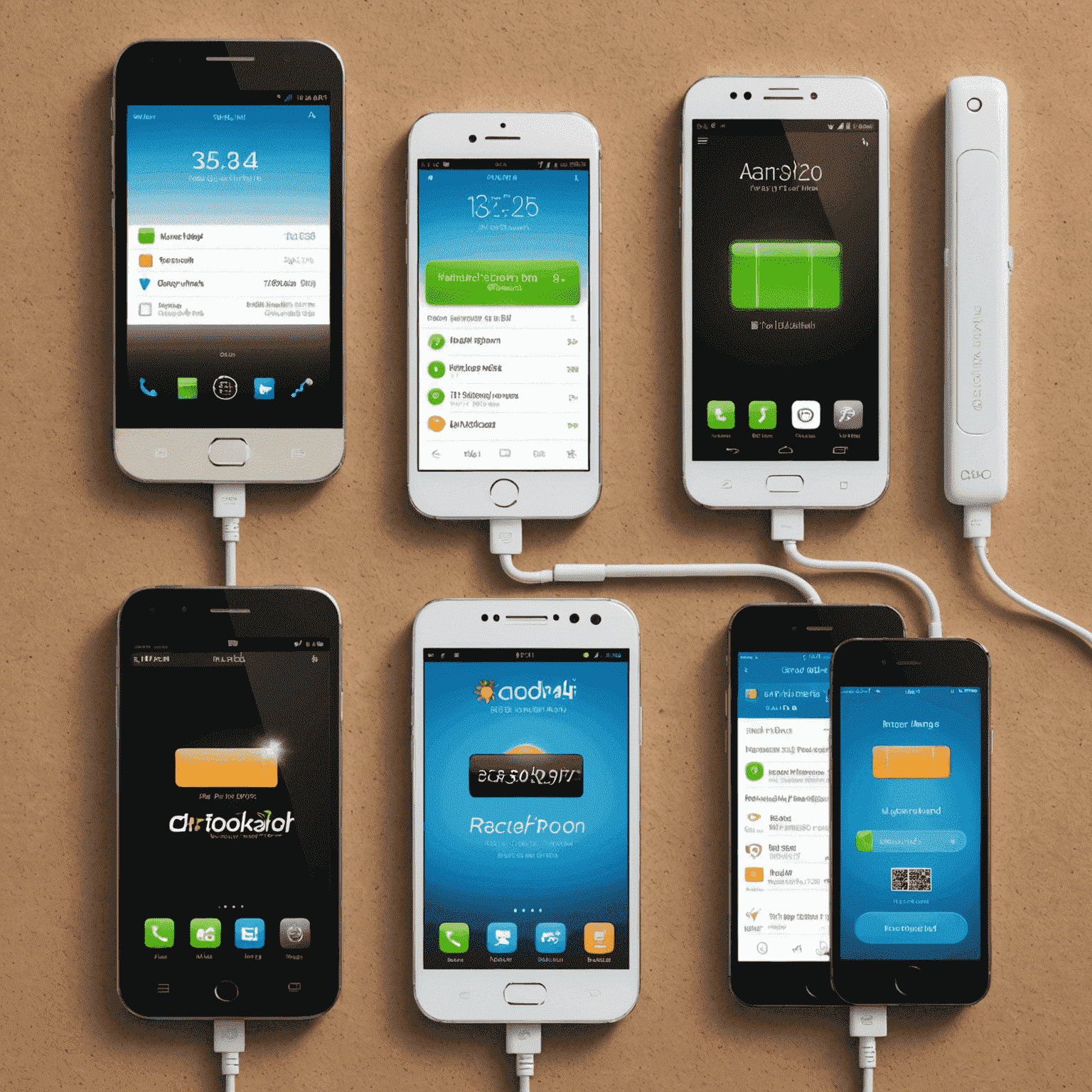 Various mobile phones displaying different recharge offers and promotions available in Kuwait