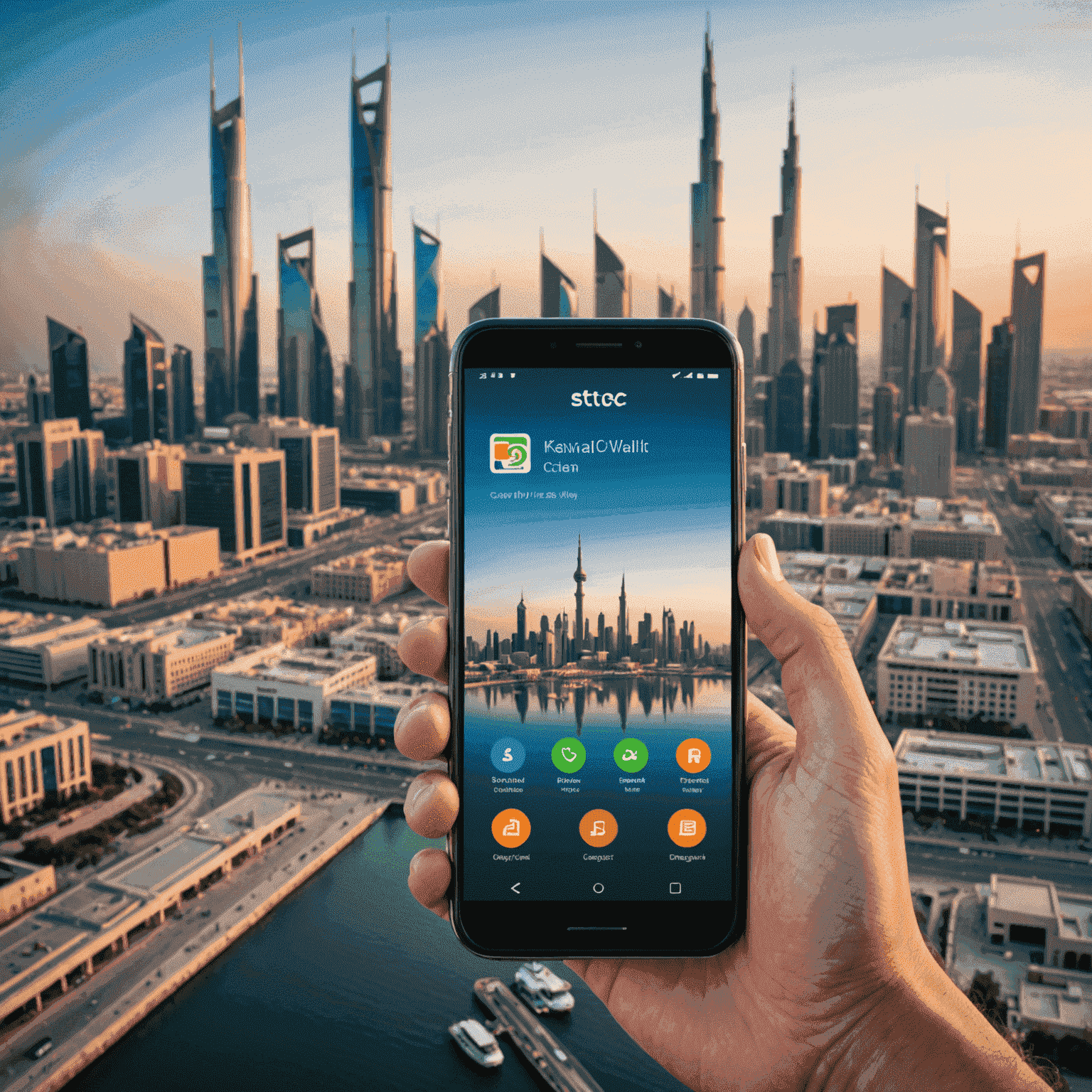 A modern smartphone displaying various digital wallet apps and STC recharge options on its screen, with Kuwait City skyline in the background