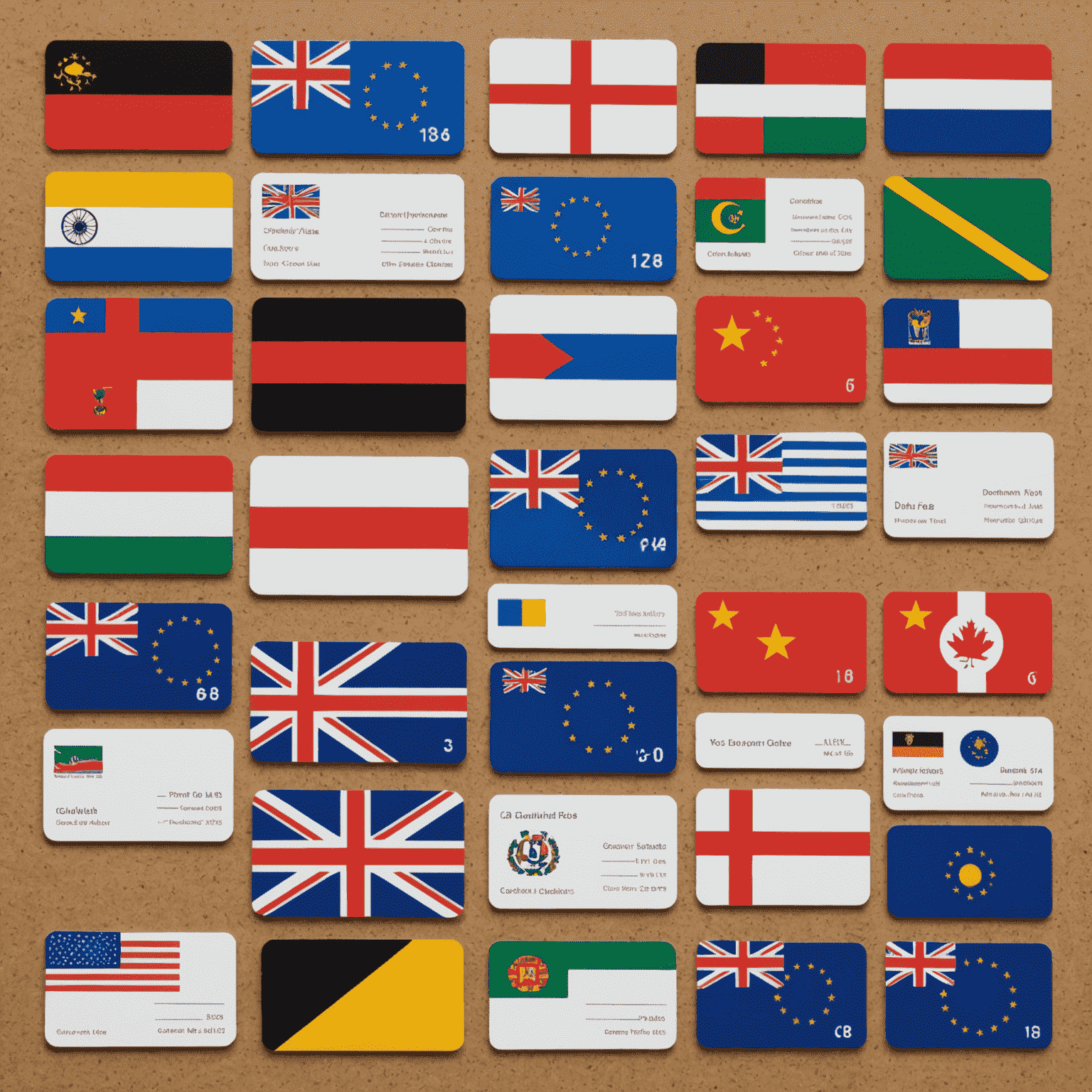 Various international calling cards displayed, showing different denominations and country flags