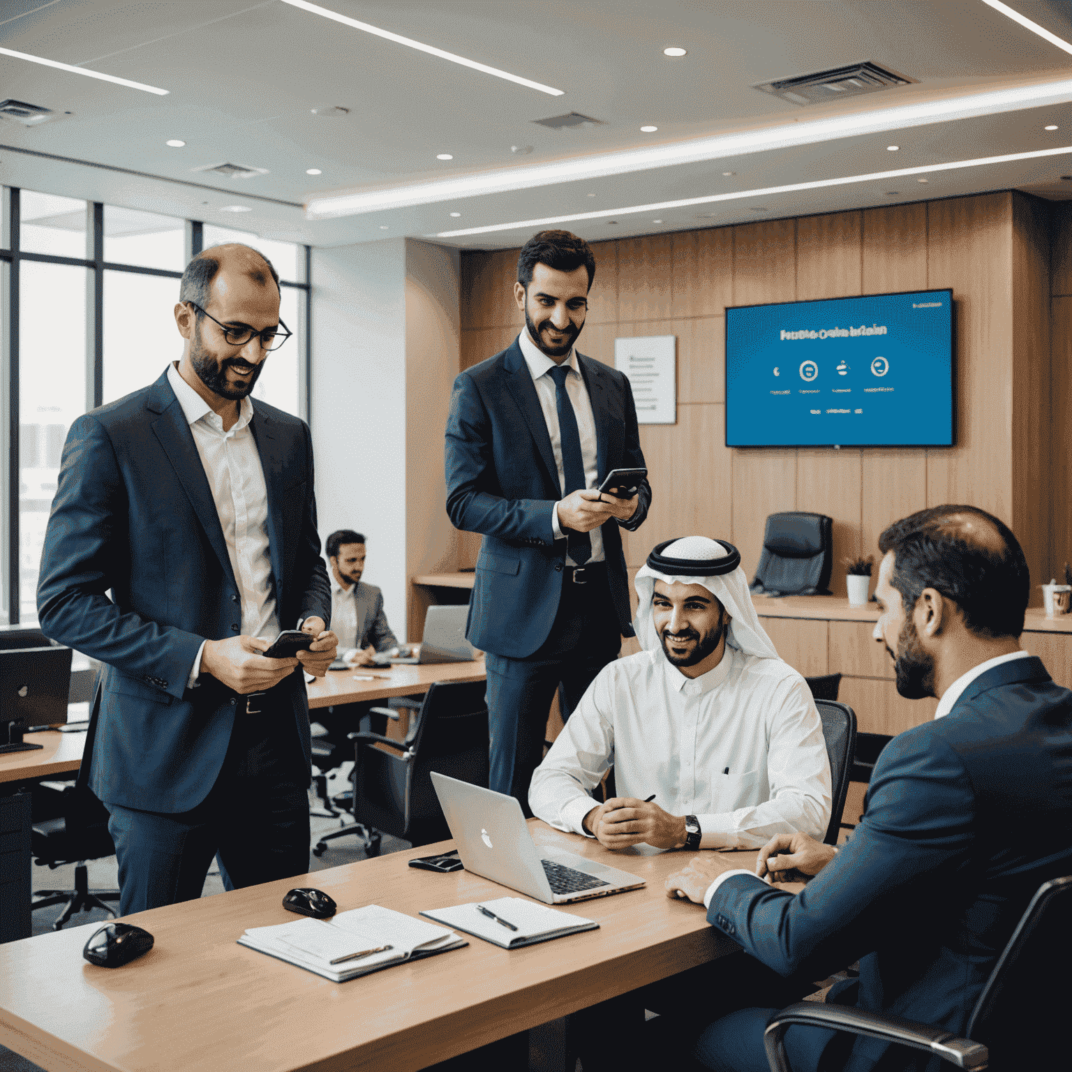 Business professionals discussing phone recharge solutions in a modern Kuwait office setting