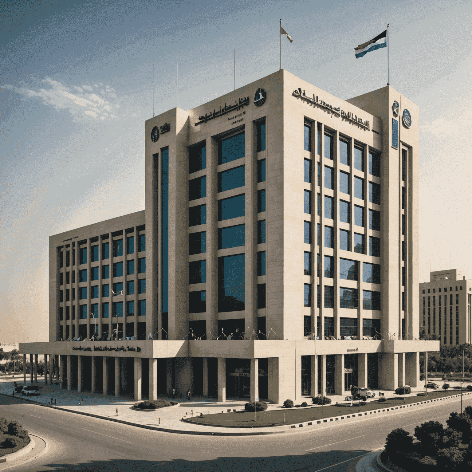 Illustration of a government building with telecom symbols, representing the regulatory body overseeing Kuwait's telecommunications sector