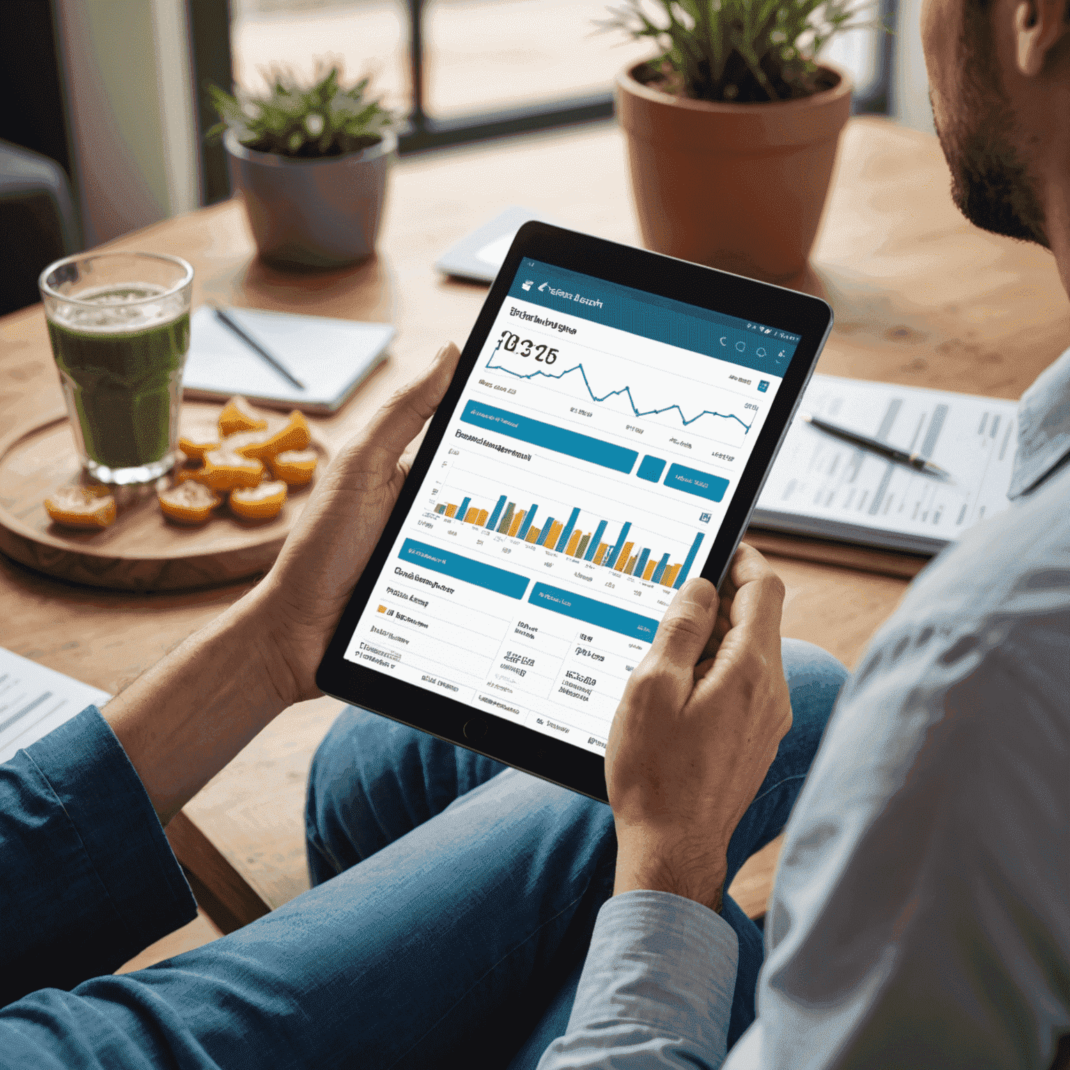 A person using a tablet to manage their STC postpaid bill, with graphs and payment history visible on the screen