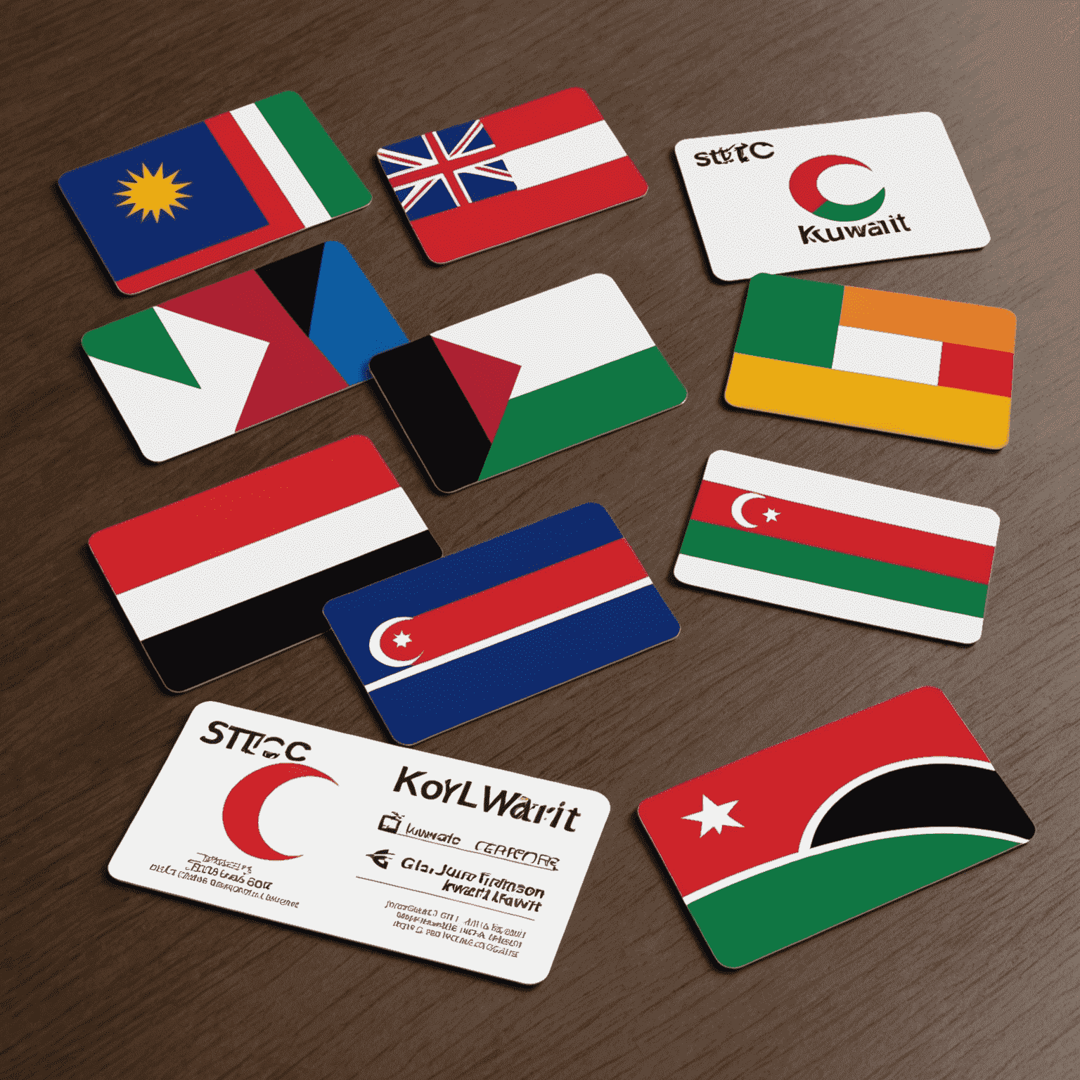 Various international calling cards with STC Kuwait branding, showcasing different country flags and competitive rates