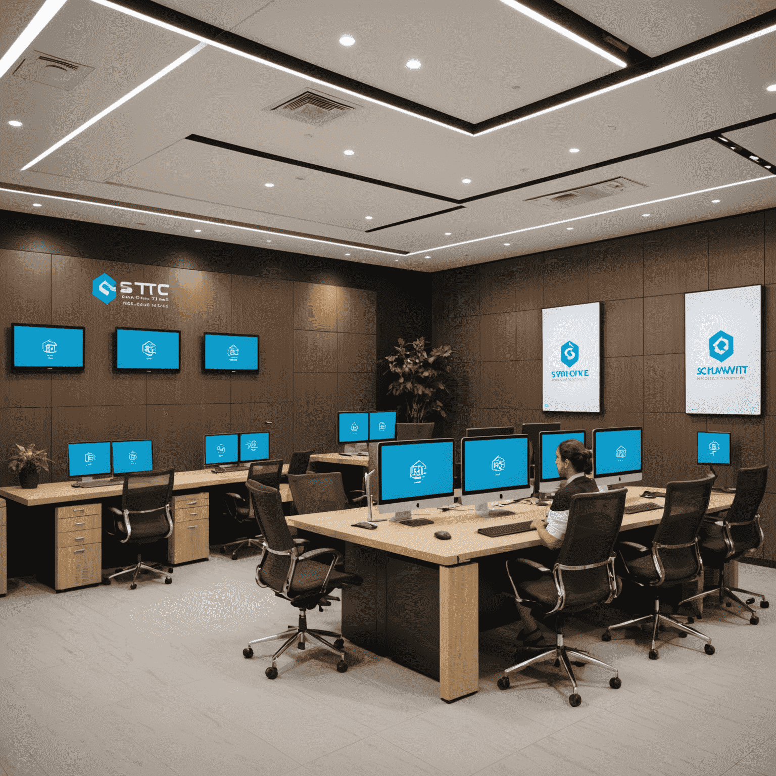 A professional business setting with STC Kuwait corporate solutions branding, showing multiple devices connected to a centralized system